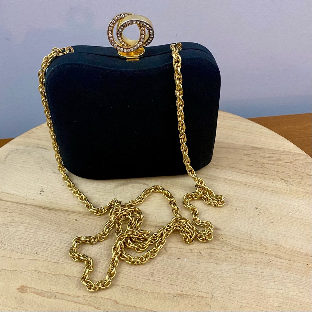 RODO VTG Rhinestones Black Satin Hard Case‎ Evening Purse Handbag Clutch RARE*